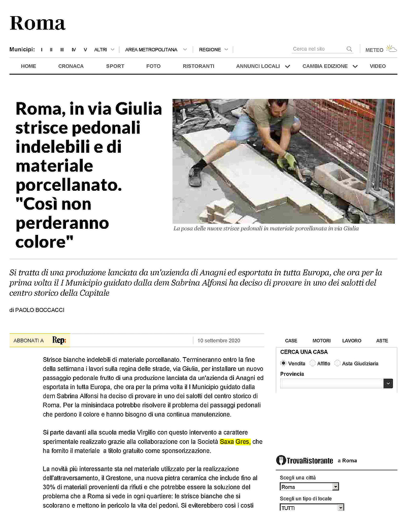 LA REPUBBLICA.IT: Roma, nuovo passaggio pedonale su via giulia: strisce bianche indelebili in materiale porcellanato